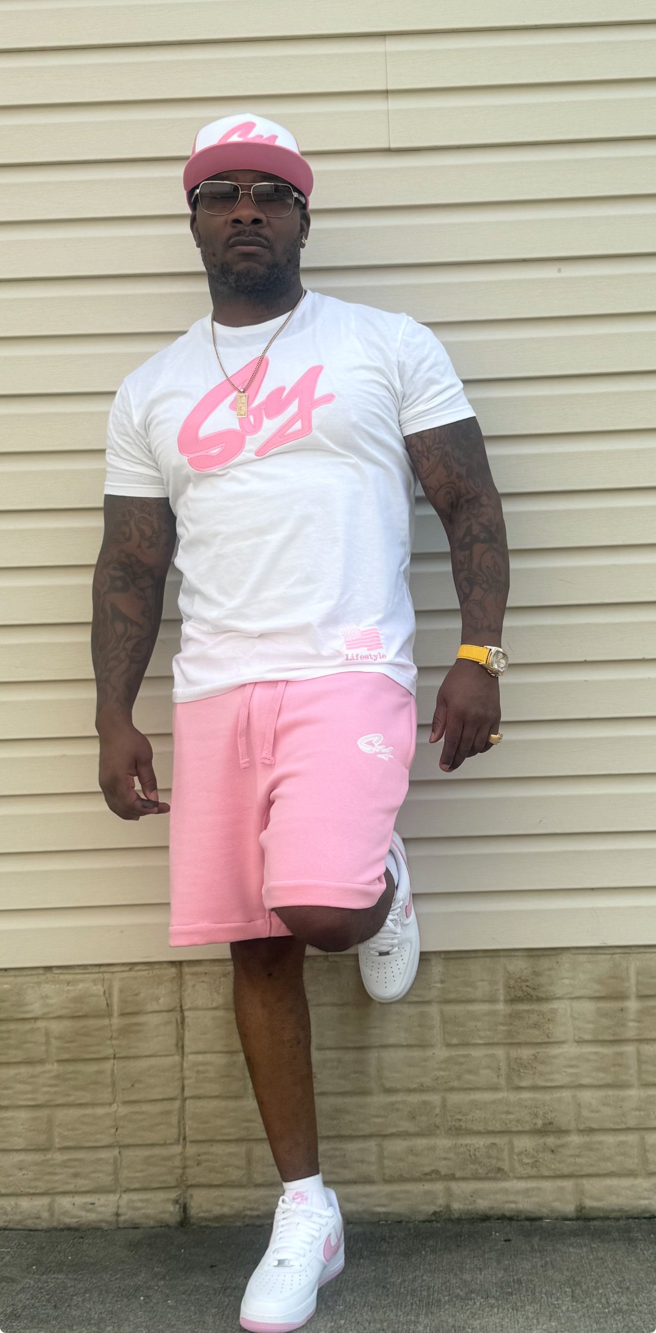 Pink and white shorts set