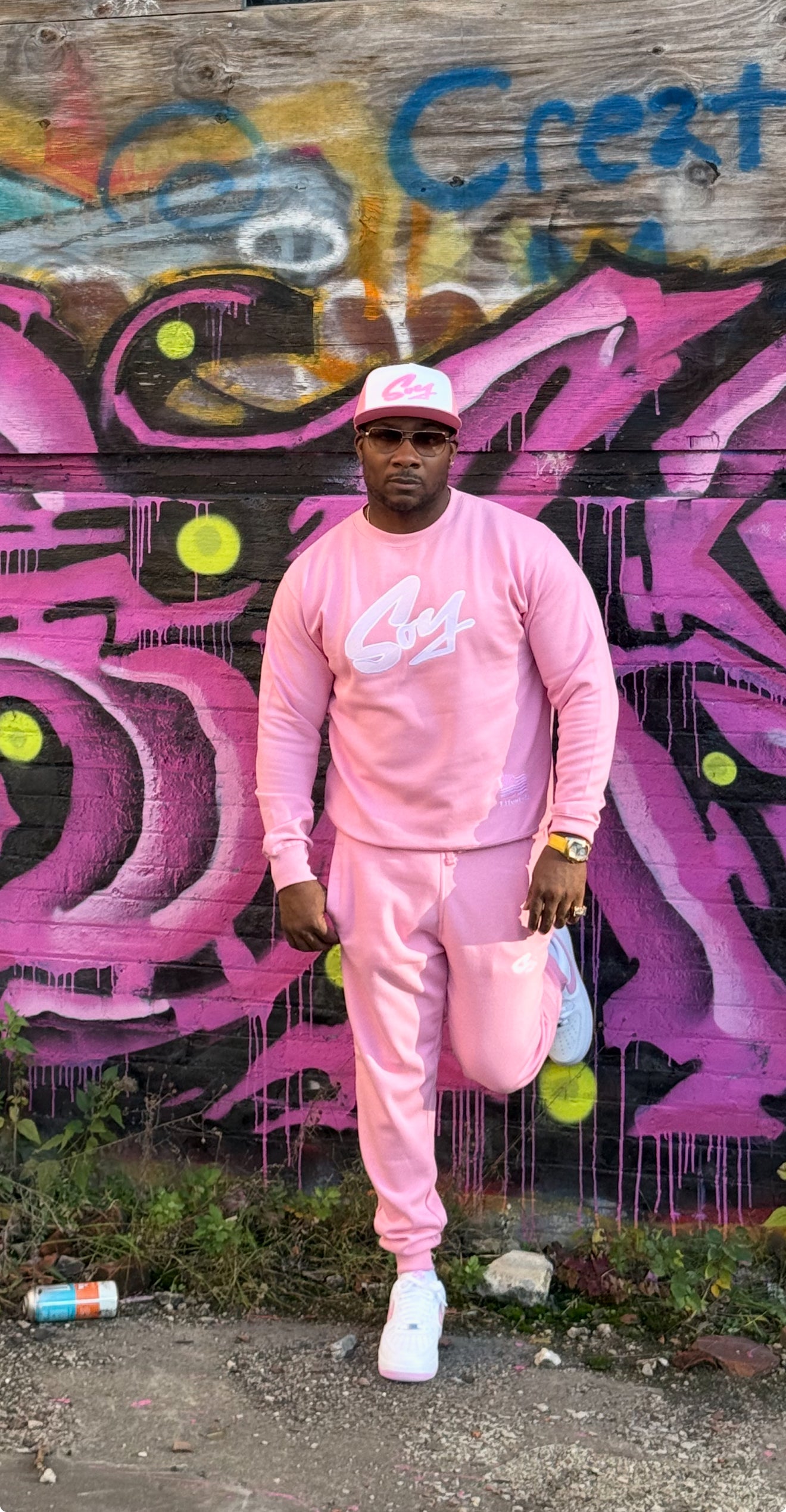 SOY apparel pink sweater, jogger & pink and white trucker hat