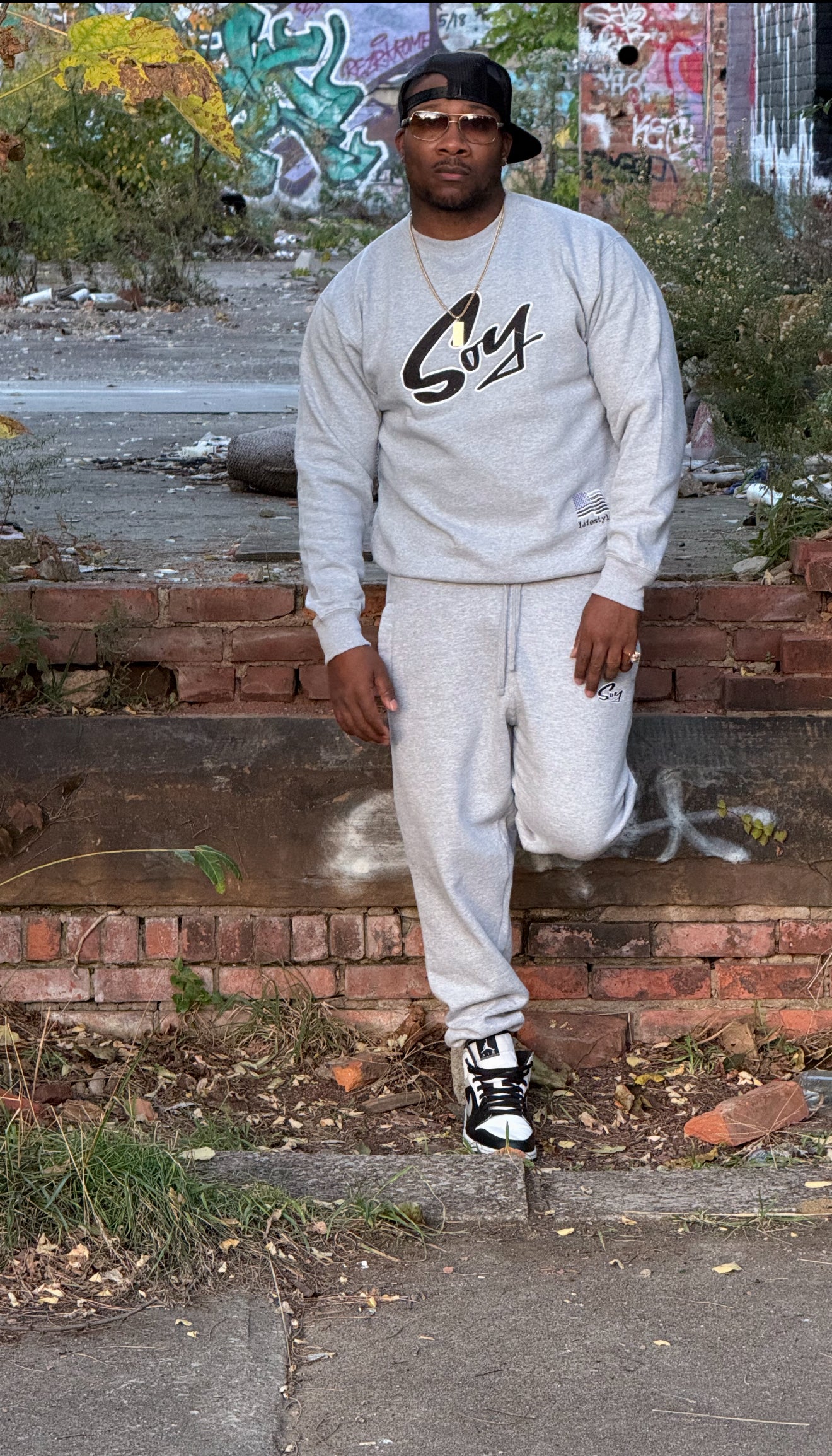 Gray and black with white trim soy sweater and joggers