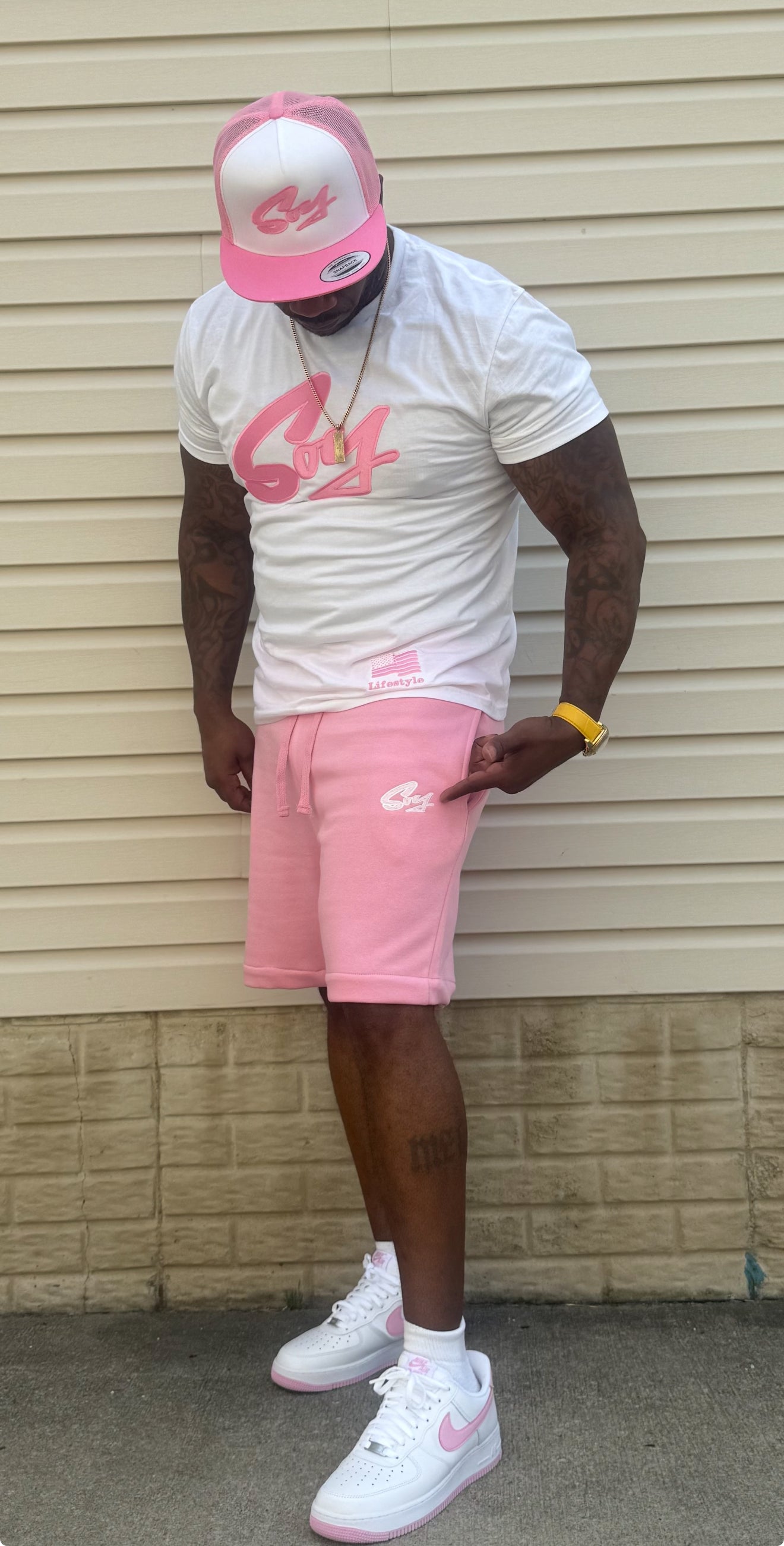 Pink and white shorts set