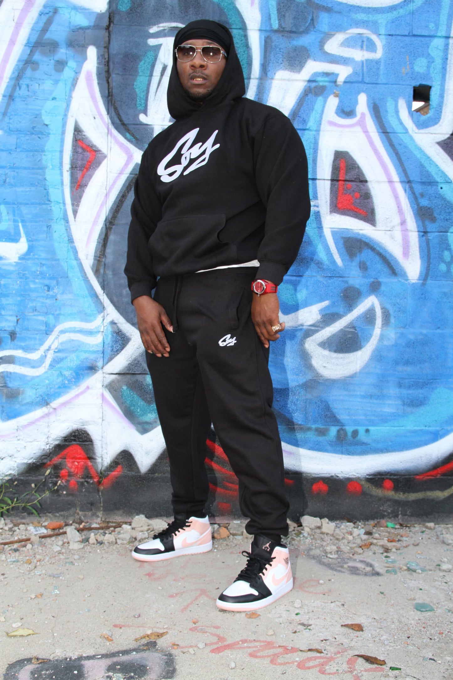 Black and white SOY hoodie and joggers set