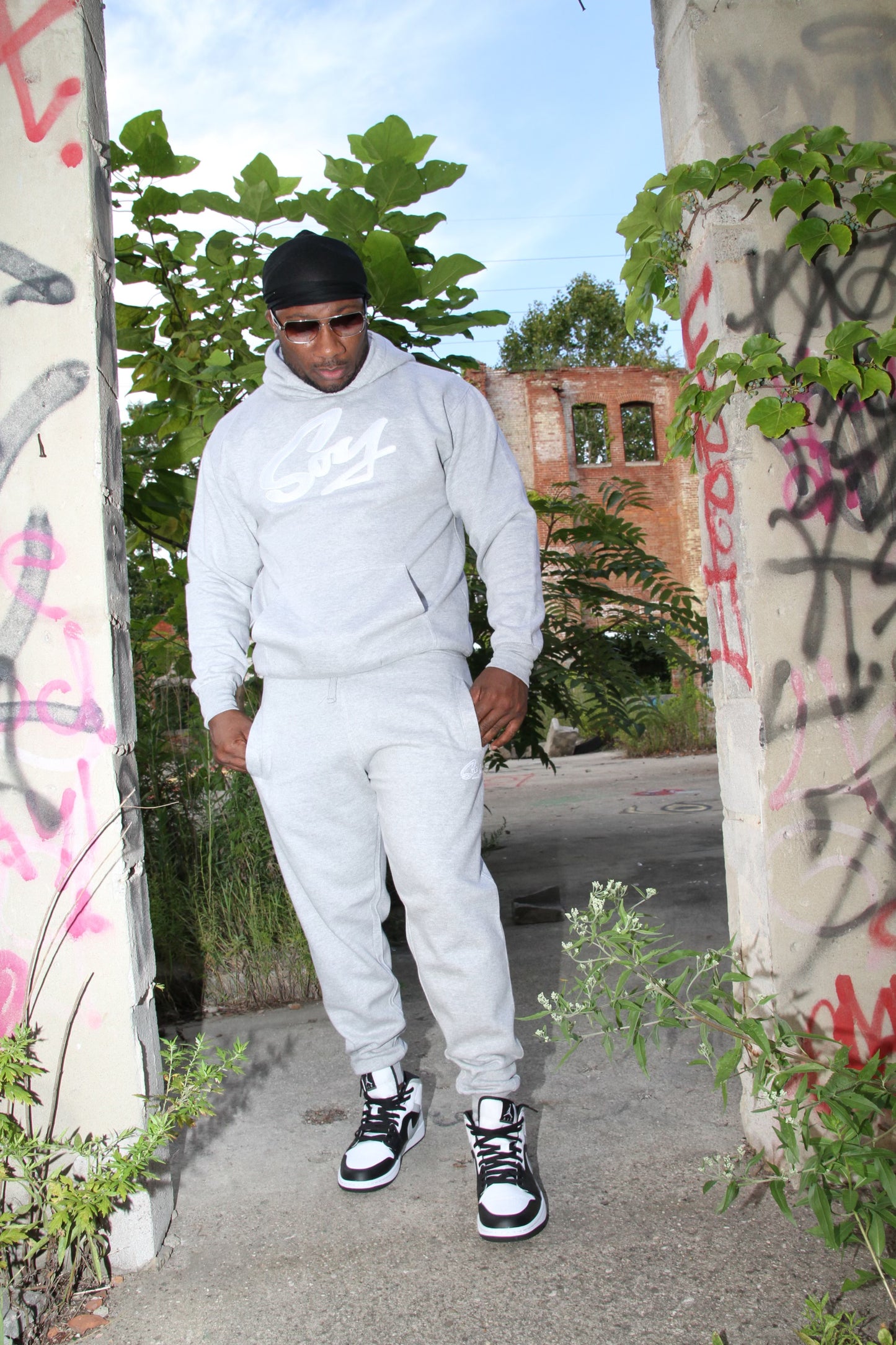 Classic Gray and White SOY hoodie jogger set