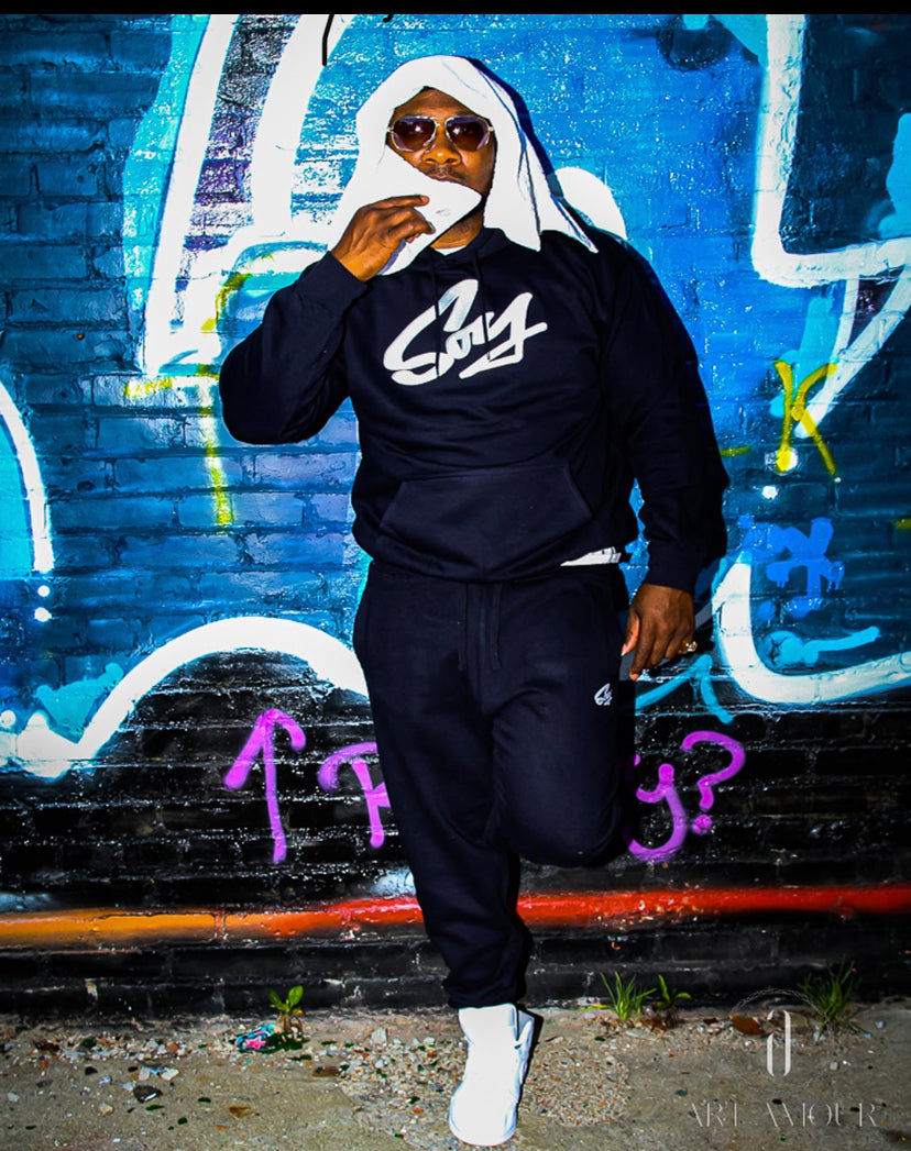 Navy blue and white jogging suits